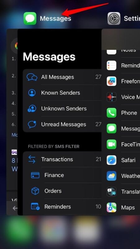 Forzar el cierre de la aplicación Mensajes en iPhone